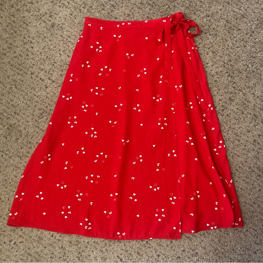 Abound heart print faux wrap midi skirt cherry red broken heart mini white print